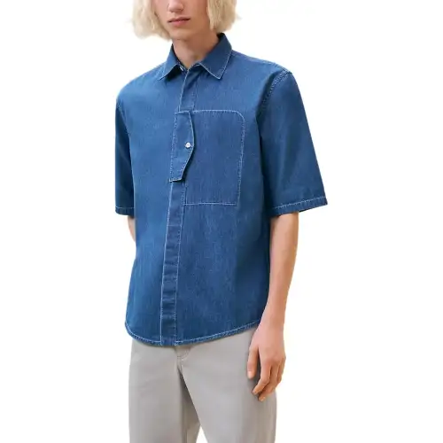 HERMES Shirts Men's Blue Lapel Moderate Denim