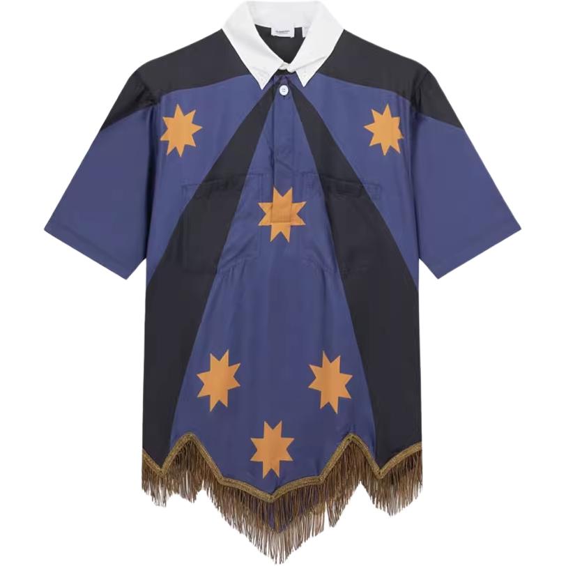 Burberry Burberry colorblock fringed button-down short-sleeved shirt for men blue