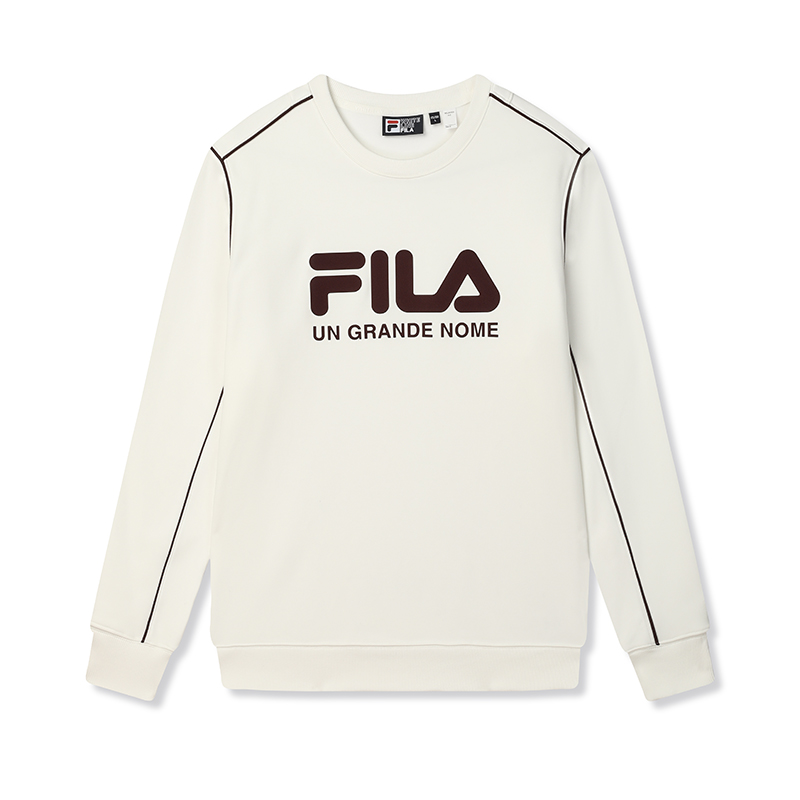 FILA ORIGINALE Brand Logo Letter Print Fleece Lined Crew Neck Pullover Sweatshirt Men's Cool Stone White
