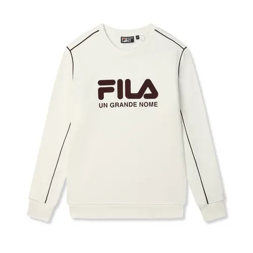 FILA ORIGINALE Brand Logo Letter Print Fleece Lined Crew Neck Pullover Sweatshirt Men's Cool Stone White