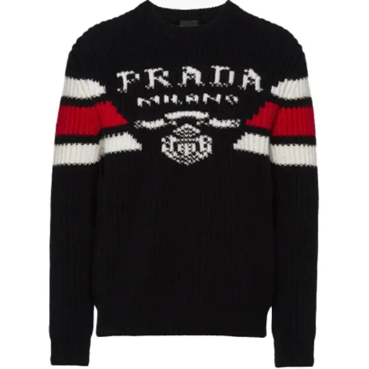 PRADA Cashmere Sweaters Men's Black Crew Neck Moderate