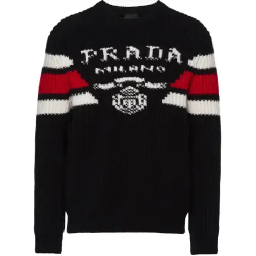 PRADA Cashmere Sweaters Men's Black Crew Neck Moderate