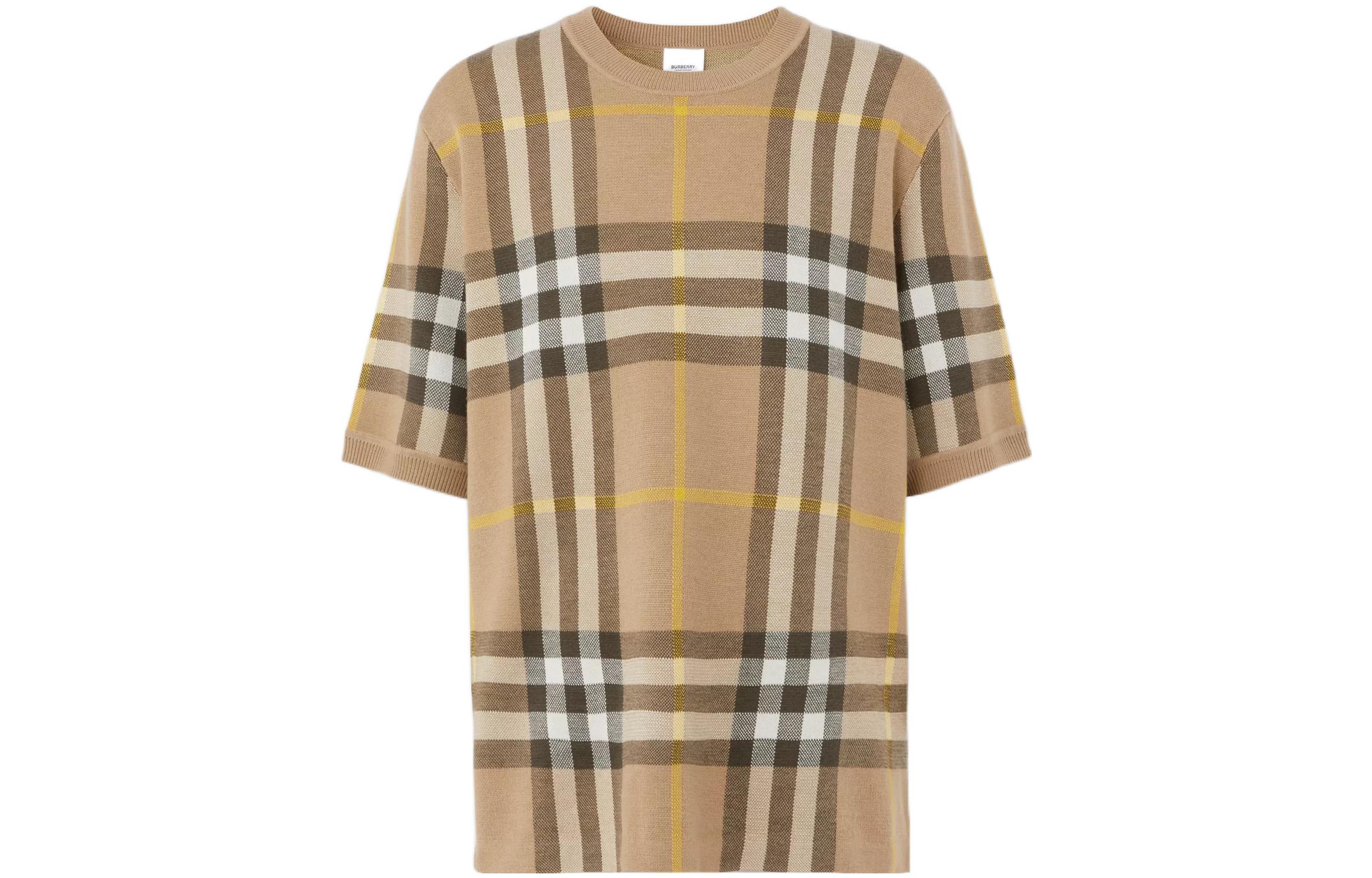 Burberry Burberry SS22 Plaid Jacquard Round Neck Half Sleeve Cardigan Sweater Men's Truffle Color