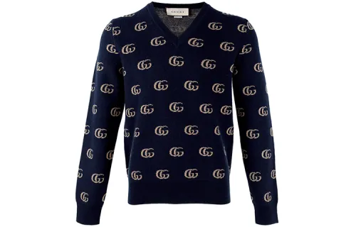 GUCCI Cashmere Sweaters Men's Dark Blue Crew Neck Moderate