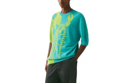 HERMES Cashmere Sweaters Men's Lake Blue Crew Neck Moderate