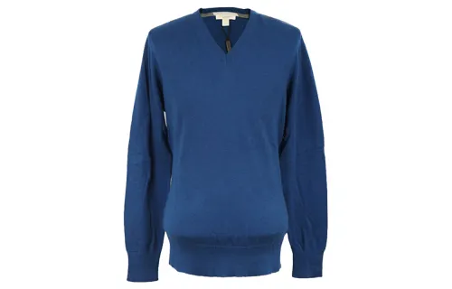 Burberry Cashmere Sweaters Men's Blue V Neck Moderate