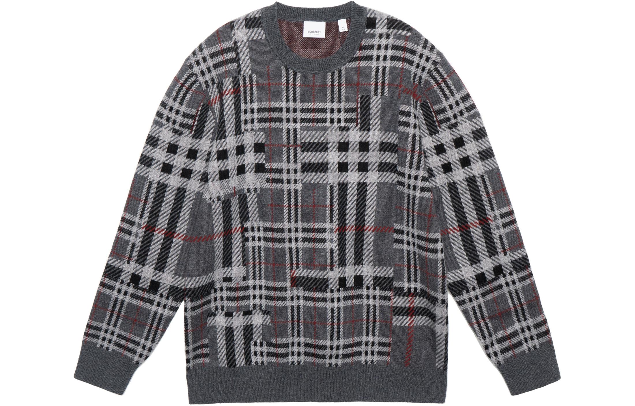 Burberry Burberry FW21 contrasting plaid round neck straight jacquard casual cashmere sweater for men, charcoal gray