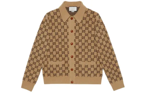 GUCCI Cashmere Sweaters Men's Camel Pointed Collar Moderate