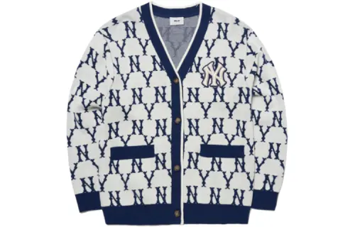 MLB Old Flower Sweaters Unisex Blue With White Lettering V Neck Moderate Cardigan