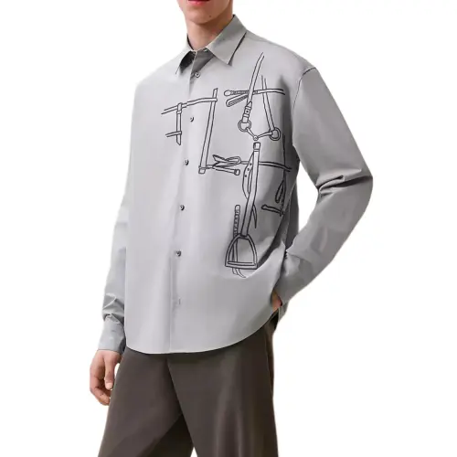 HERMES Shirts Men's Flint Gray Lapel Moderate Other
