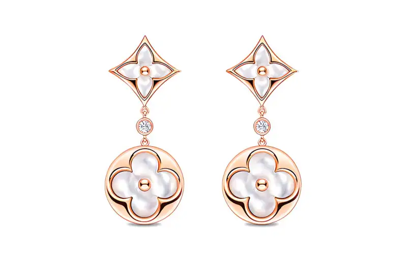 LOUIS VUITTON Color Blossom Long Earrings Pink Gold White Mother-Of-Pearl And Diamonds