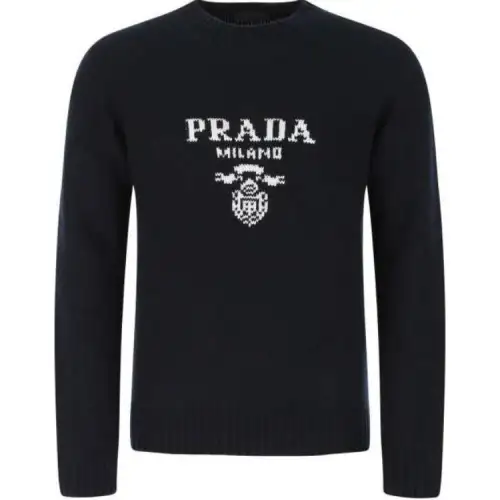 PRADA Cashmere Sweaters Men's Dark Blue Crew Neck Moderate
