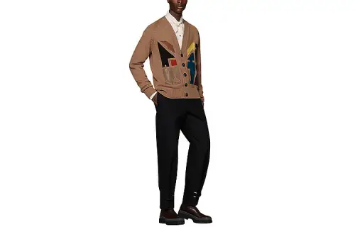 HERMES Cashmere Sweaters Men's Camel V Neck Moderate