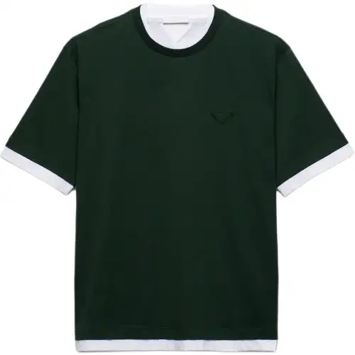 PRADA SS24 Logo Emblem Round Neck Pullover Short Sleeved T Shirt Men's Fir Green