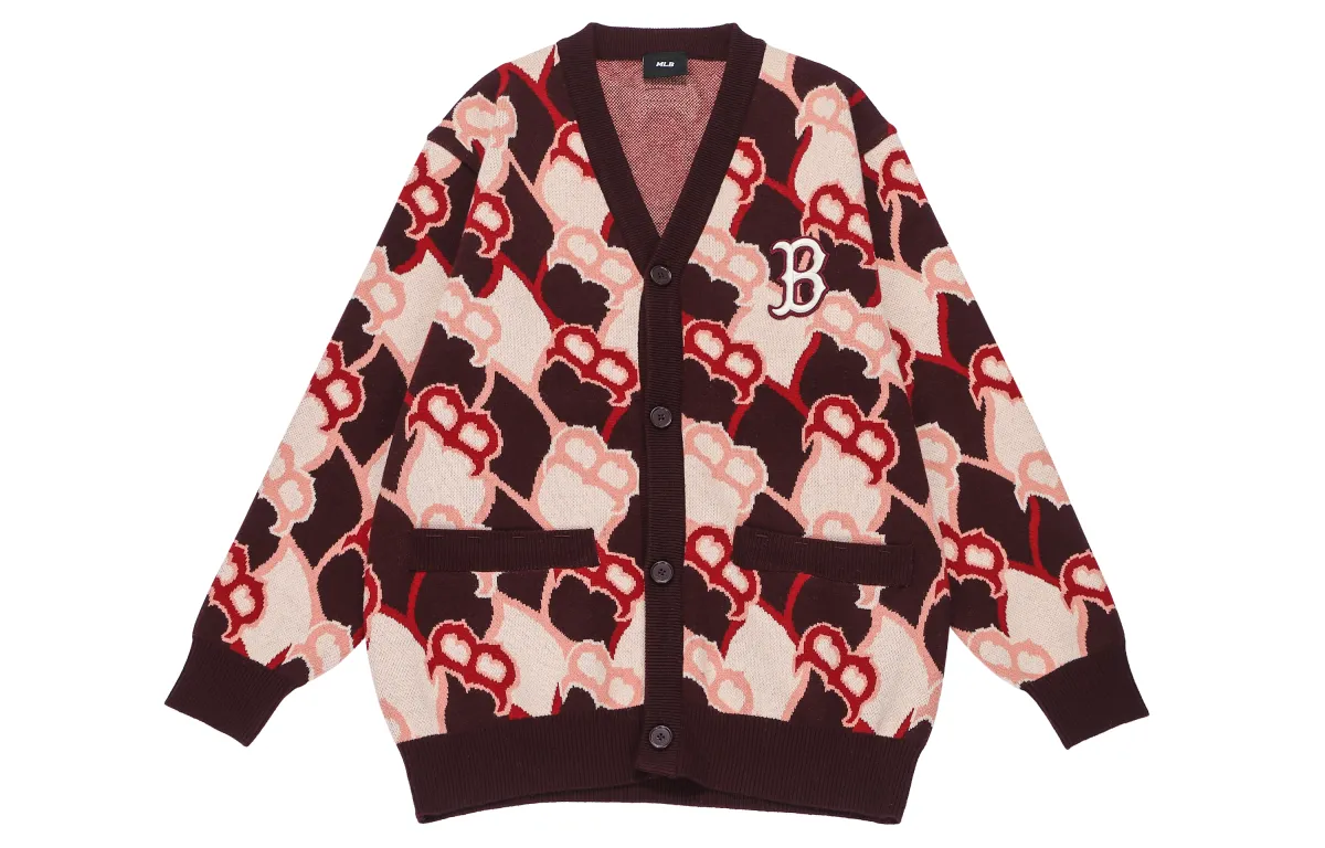 MLB Monogram Sweaters Unisex Burgundy V-neck Thickened