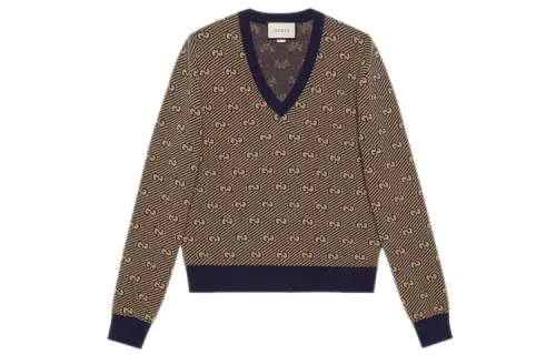GUCCI Cashmere Sweaters Men's Camel V Neck Moderate