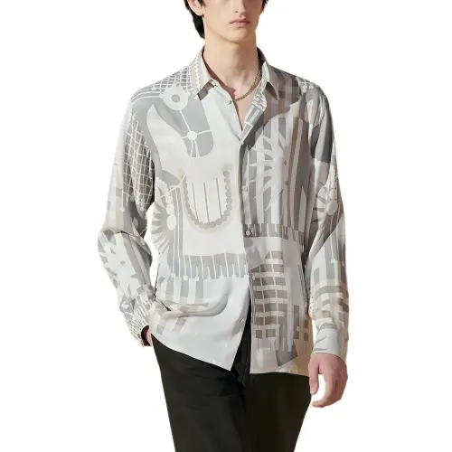 HERMES Shirts Men's Gray White Lapel Moderate Other