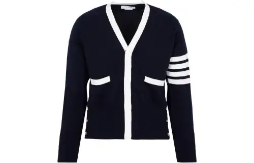 THOM BROWNE Tom Brown FW22 Contrast Stripe Jacquard Pocket Decoration V-neck Long Sleeve Sweater Men's Blue