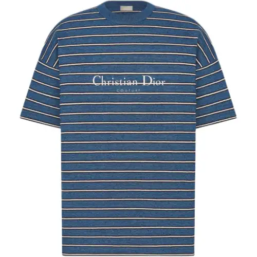 DIOR Stripes Logo Print Crew Neck Loose Fit Short Sleeved FW24 T Shirt Men's Blue