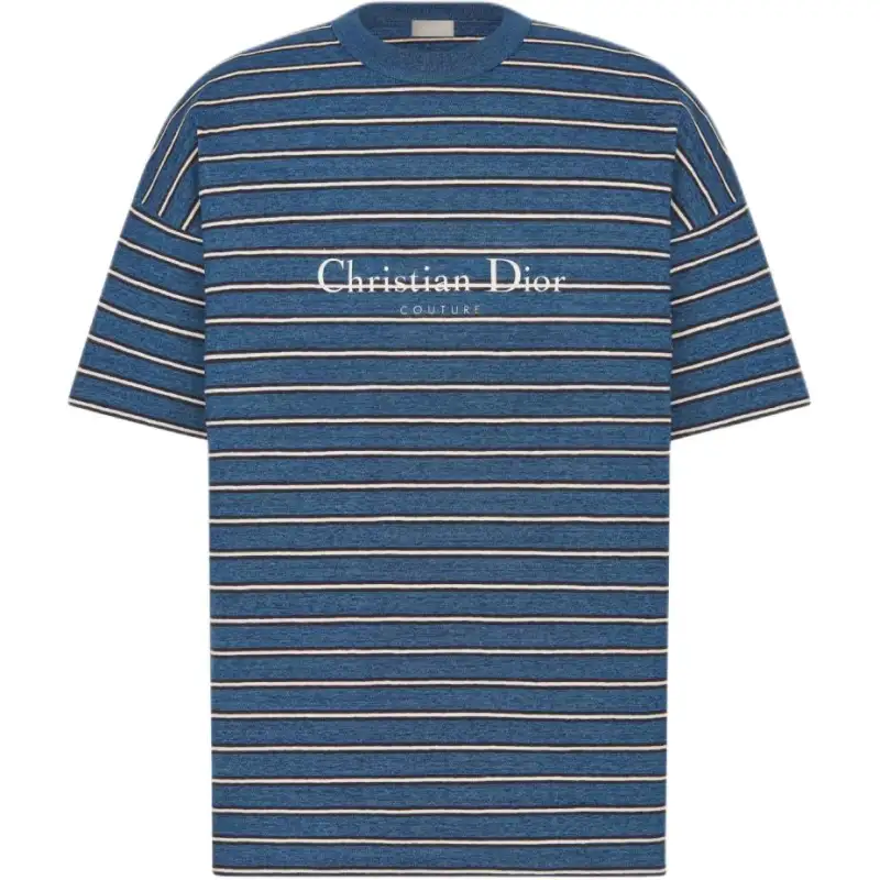 DIOR Stripes Logo Print Crew Neck Loose Fit Short Sleeved FW24 T Shirt Men's Blue