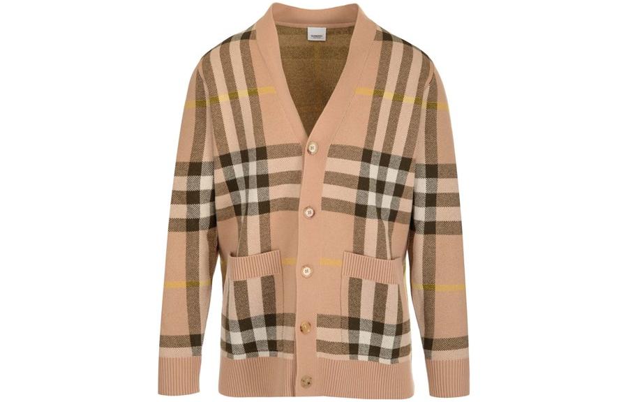 Burberry Burberry FW22 plaid V-neck single-breasted long-sleeved sweater, men's khaki
