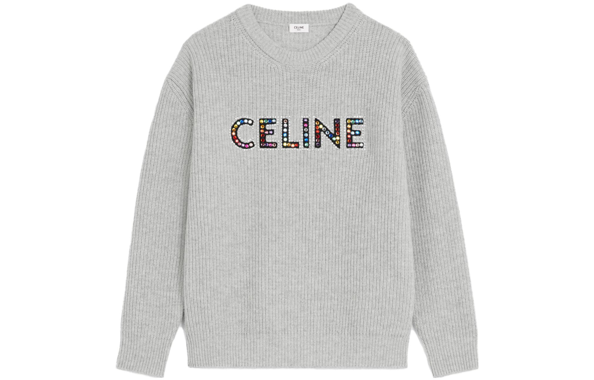 CELINE Celine CELINE DYSFUNCTIONAL BAUHAUS Men's Wear Series SS23 Letter Logo Diamond Decorated Casual Sweater Men's Light Gray