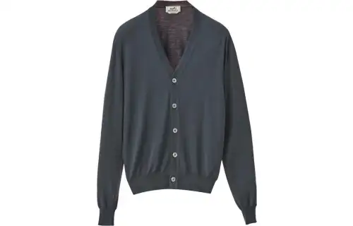 HERMES Knitwear Men's Gray V Neck Moderate Cardigan