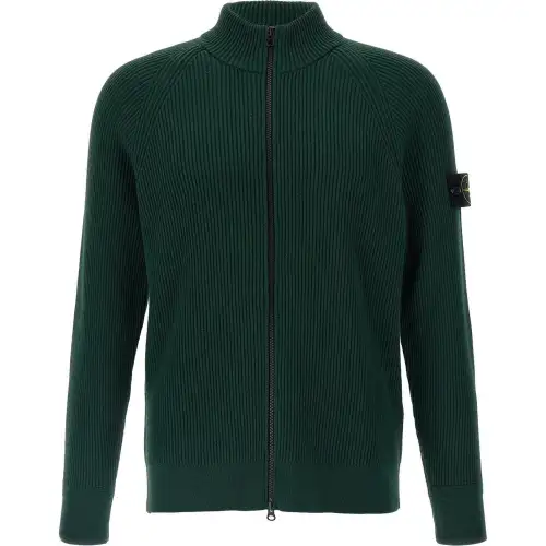 STONE ISLAND Logo Patch Zip-Up Ribbed Cardigan