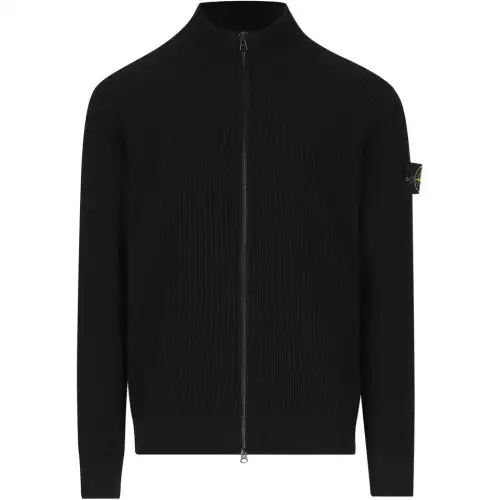 STONE ISLAND Logo Patch Zip-Up Ribbed Cardigan