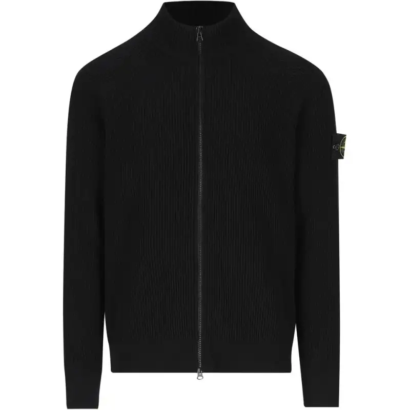 STONE ISLAND Logo Patch Zip-Up Ribbed Cardigan