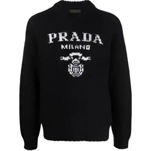 PRADA Cashmere Sweaters Men's Black Crew Neck Moderate