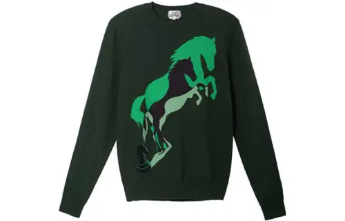 HERMES Cashmere Sweaters Men's Conifer Leaf Green Crew Neck Moderate