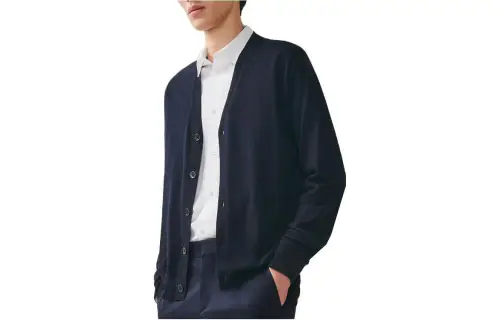 HERMES Sweaters Men's Marine Blue V Neck Moderate Cardigan