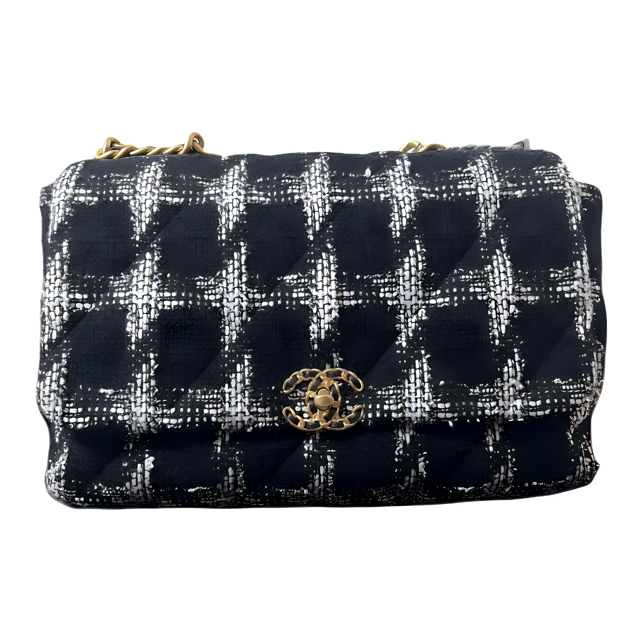 CHANEL 19Bag22K Fall Winter Wool Twill Soft Woolen Crossbody Bags Large Women's Black White