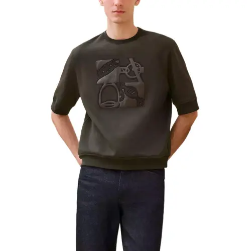 HERMES T Shirts Men's Gray Crew Neck Moderate Straight Fit