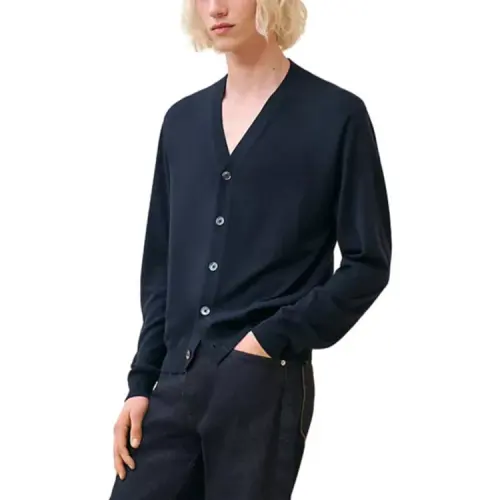 HERMES Sweaters Men's Blue V Neck Moderate Cardigan