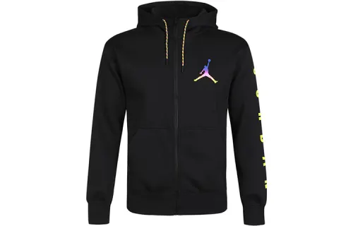 Jordan Solid Color Logo Print Athleisure Fleece Lined Zippers Hooded Jacket Men's Black