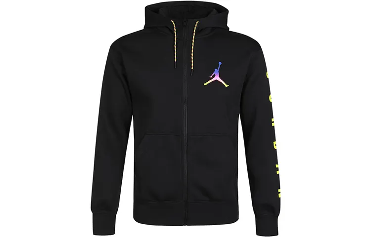 Jordan Solid Color Logo Print Athleisure Fleece Lined Zippers Hooded Jacket Men's Black