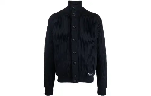 PRADA Knitwear Men's Navy Turtleneck Moderate Cardigan