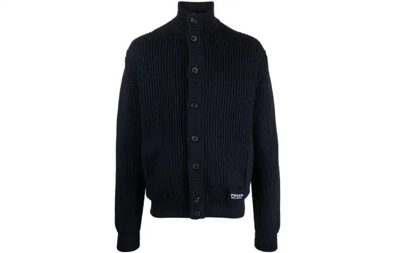 PRADA Knitwear Men's Navy Turtleneck Moderate Cardigan