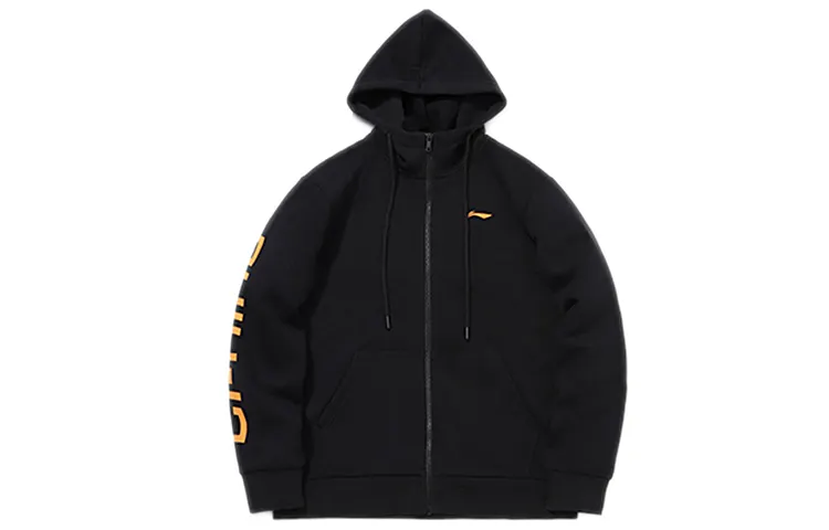 Li Ning Sports Fashion Collection Logo Print Fleece Lined Thermal Hooded Zippers Jacket Unisex New Standard Black