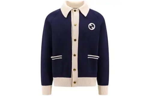 GUCCI Sweaters Men's Blue Lapel Moderate Cardigan