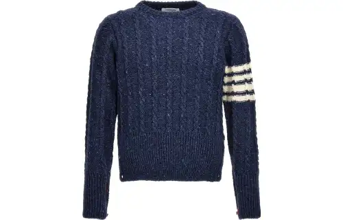 THOM BROWNE Classic fitted demi-season long-sleeve with a round collar, blue sweater