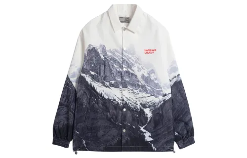 HARSH AND CRUEL Snow mountain all-over logo print lapel coach jacket, same style for men and women