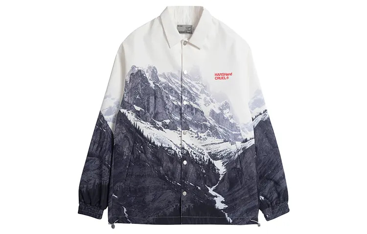 HARSH AND CRUEL Snow mountain all-over logo print lapel coach jacket, same style for men and women