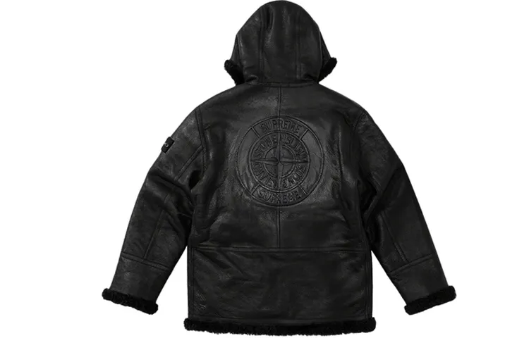Supreme x Stone Island Hand painted Hooded Shearling Jacket Unisex