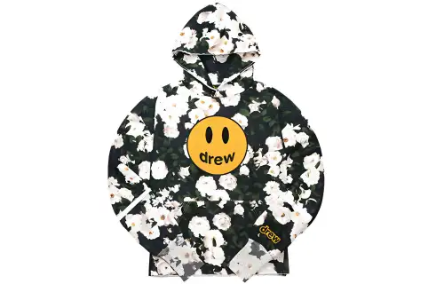 Drew House Smiley Face Collection, Ice Rose Smiley Face Frayed Edge Hooded Fleece Lined Pullover Sweatshirt Fall Unisex