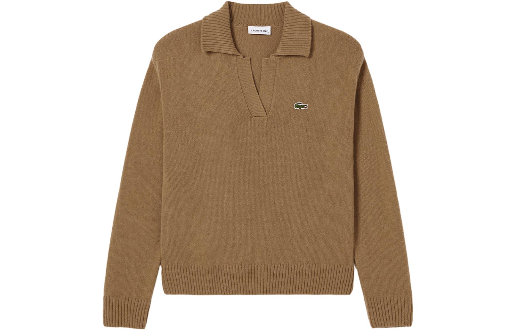 LACOSTE French Crocodile Solid Color V-Neck Casual Cashmere Sweater Men's Khaki