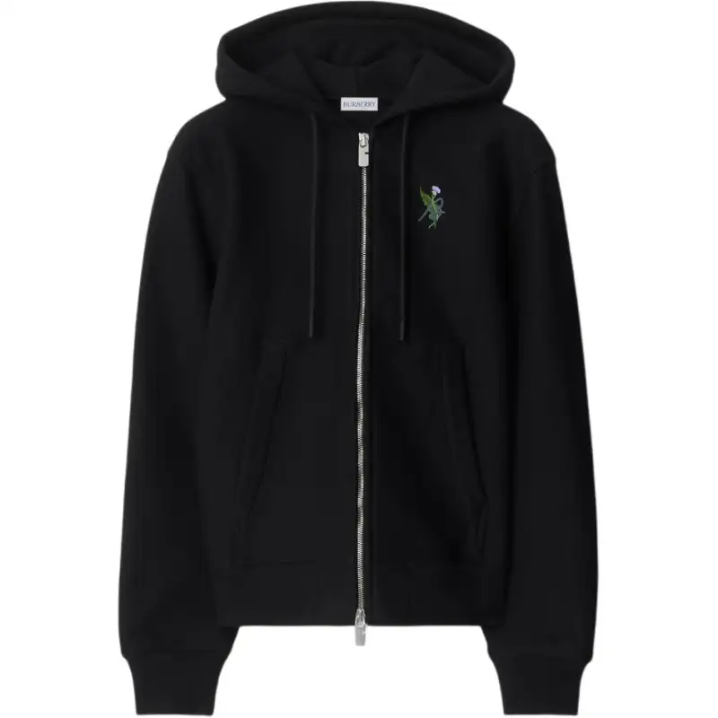 Burberry Logo Embroidered Zip Up Drawstring Hoodie