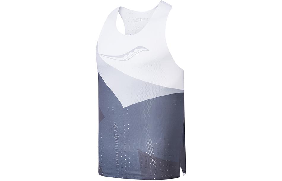 Saucony SS24 Running Tank Top Men’s White Base With Black And Gray Colorblock Print Set